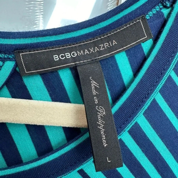 BCBGMAXAZRIA Cintia Teal Sea Blue Green Stripe Shift Dress Open Back Size Large - Picture 9 of 12
